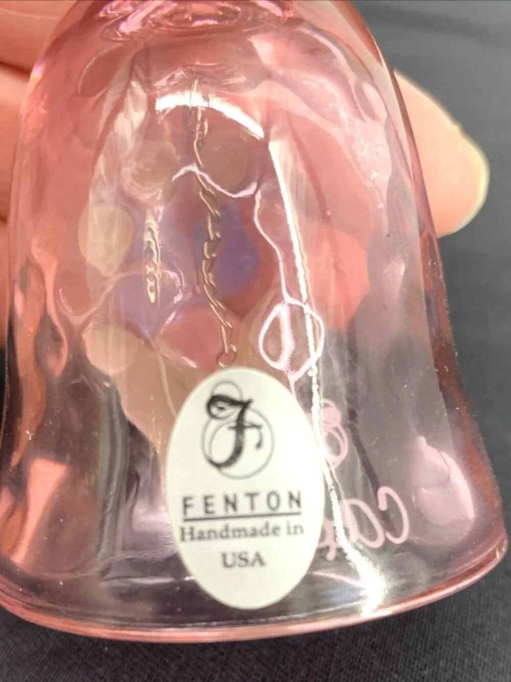 Fenton Iridescent Pink Hand Painted Butterfly Floral Glass Bell Signed 4.5